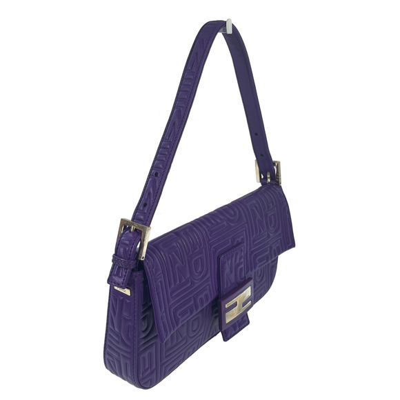 Fendi Purple Nappa Embossed Logo Leather Shoulder Baguette Bag - Picture 4 of 11